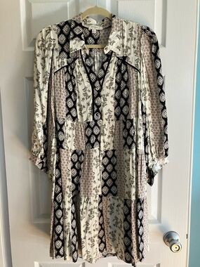 Umgee Black & Cream Patchwork Button-Front Tunic